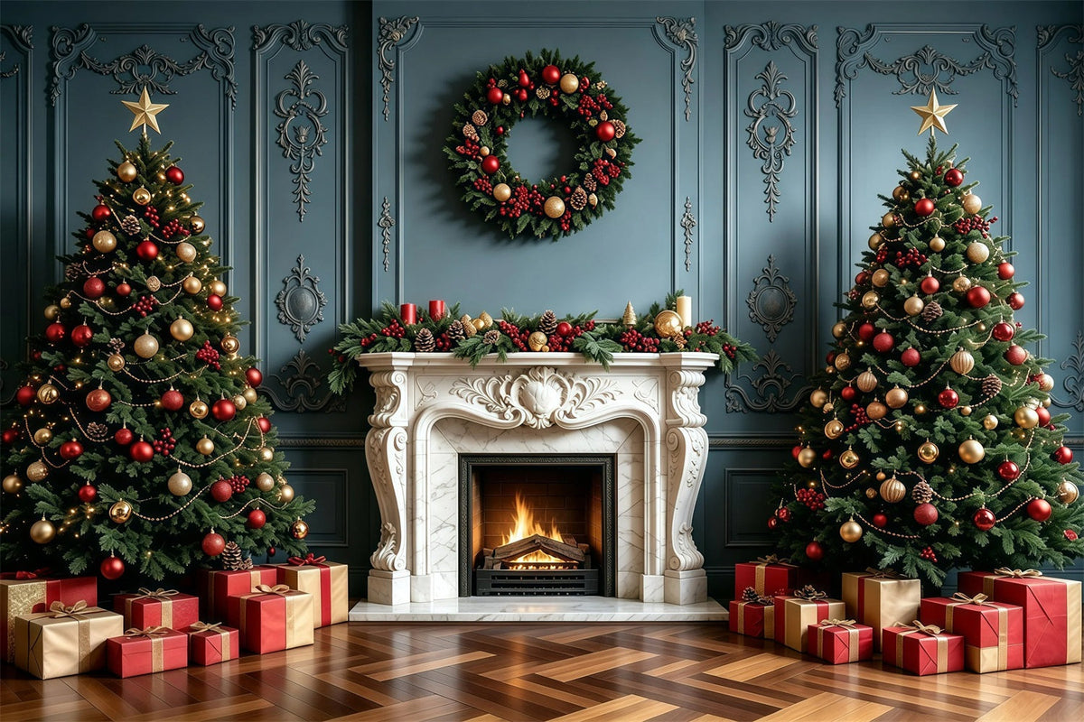 Weihnachtskamin-Hintergrund Elegante Blaue Wandgirlande Weihnachtsfotohintergrund GQ68-100