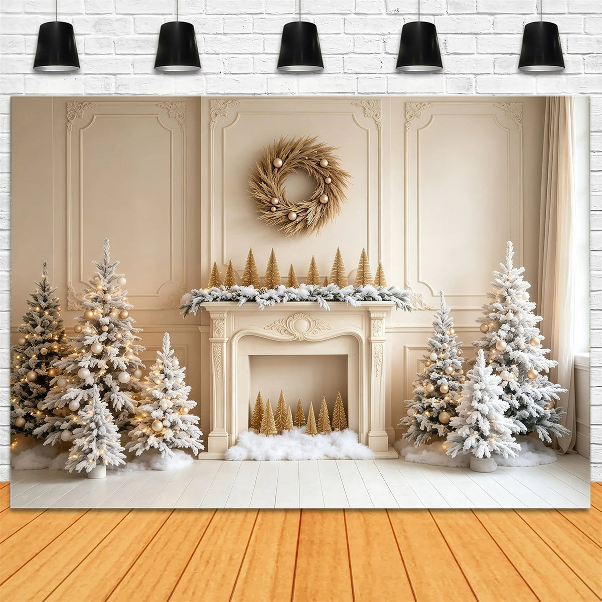 Weiße Weihnachtskulisse Kamin, Kiefern, Mauer Studio-Weihnachtskulisse GQ68-103