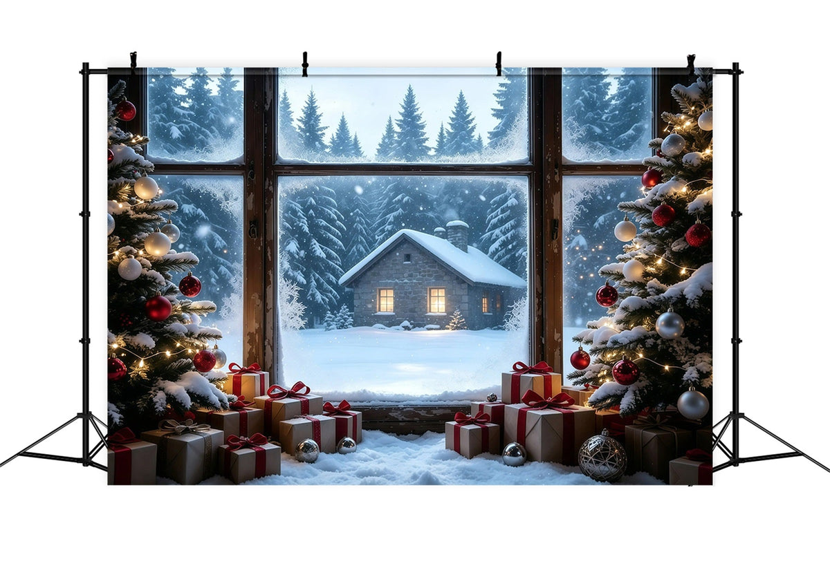 Rustikale Weihnachtskulisse Blick Aus Dem Fenster Der Verschneiten Hütte Studio-Weihnachtskulissen GQ68-104