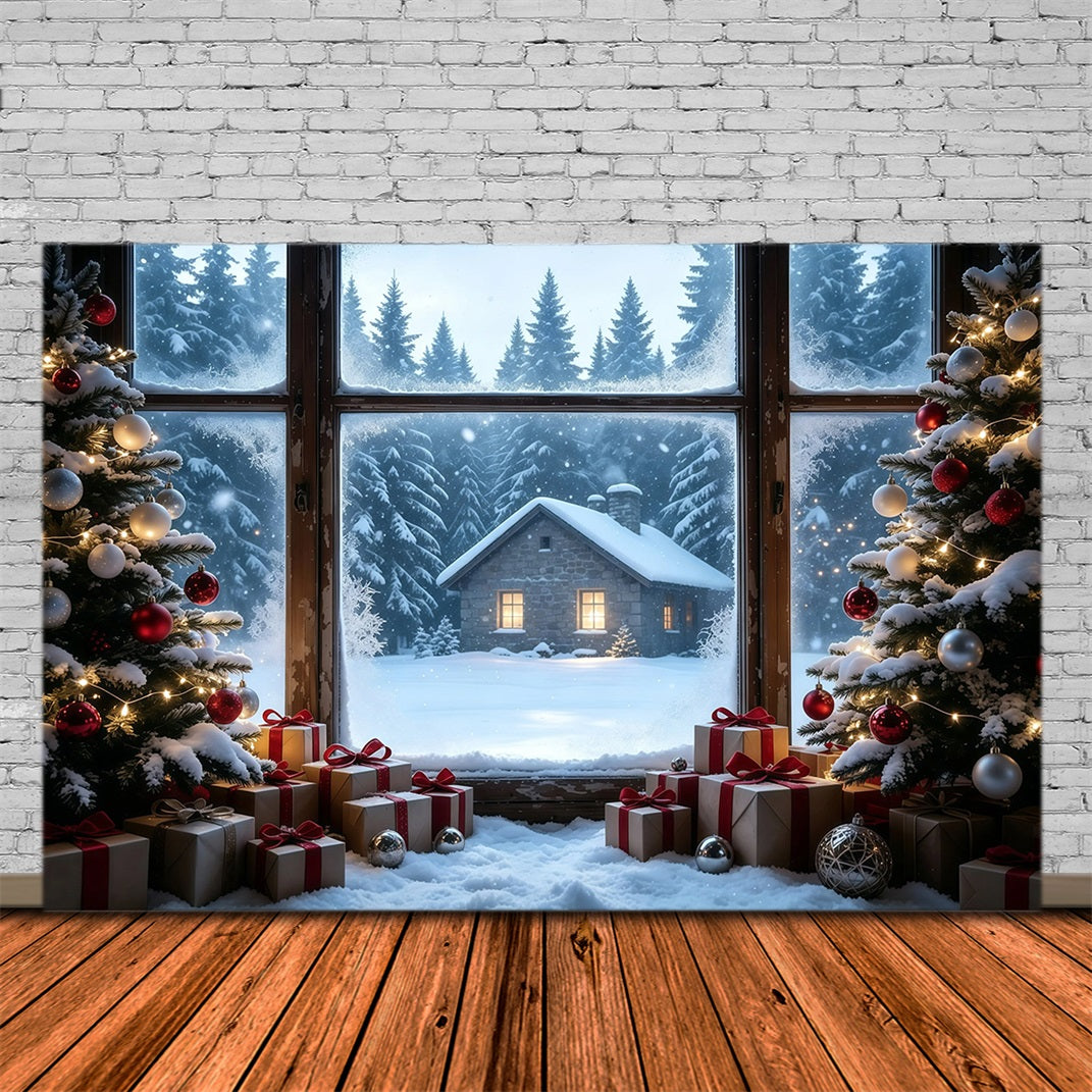Rustikale Weihnachtskulisse Blick Aus Dem Fenster Der Verschneiten Hütte Studio-Weihnachtskulissen GQ68-104