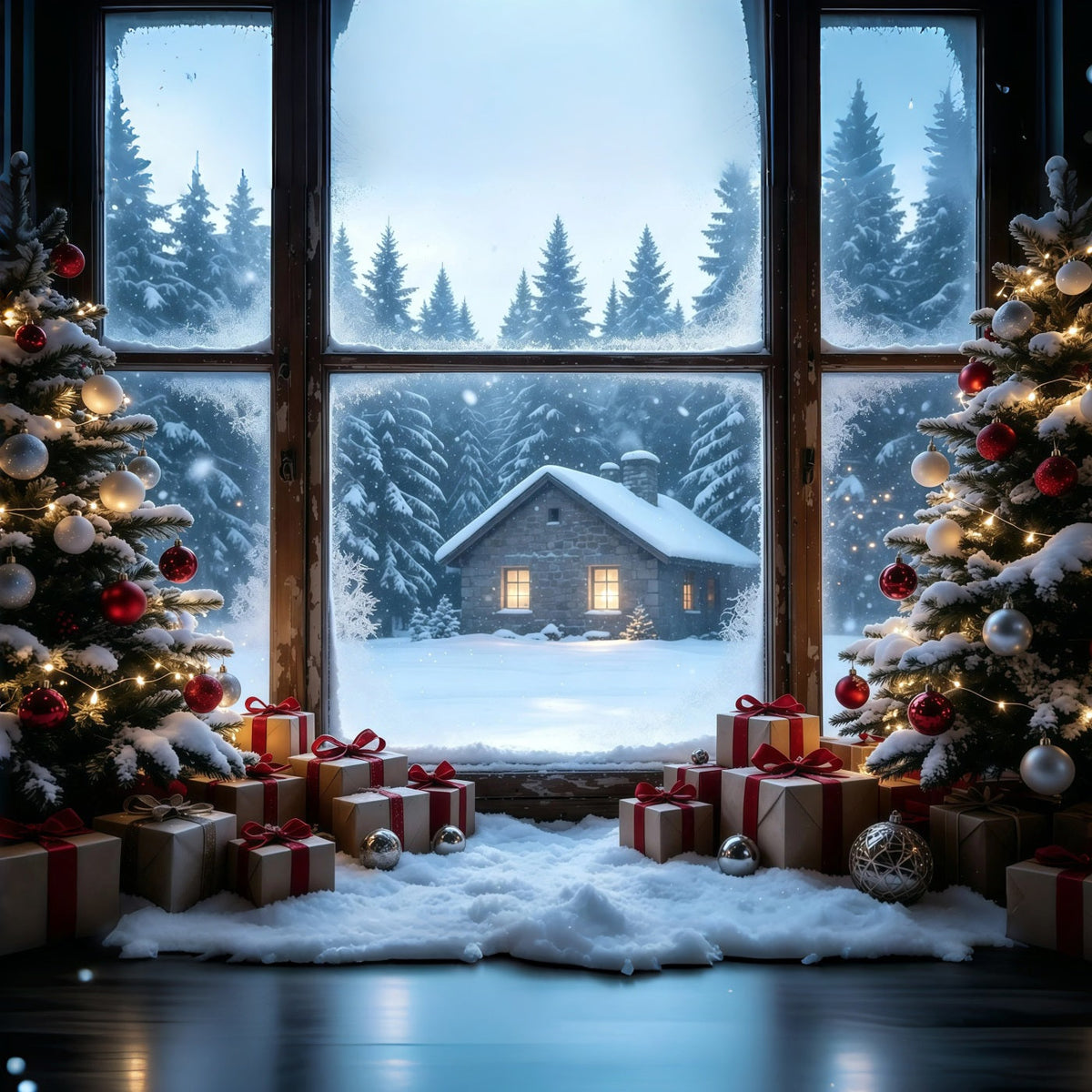 Rustikale Weihnachtskulisse Blick Aus Dem Fenster Der Verschneiten Hütte Studio-Weihnachtskulissen GQ68-104