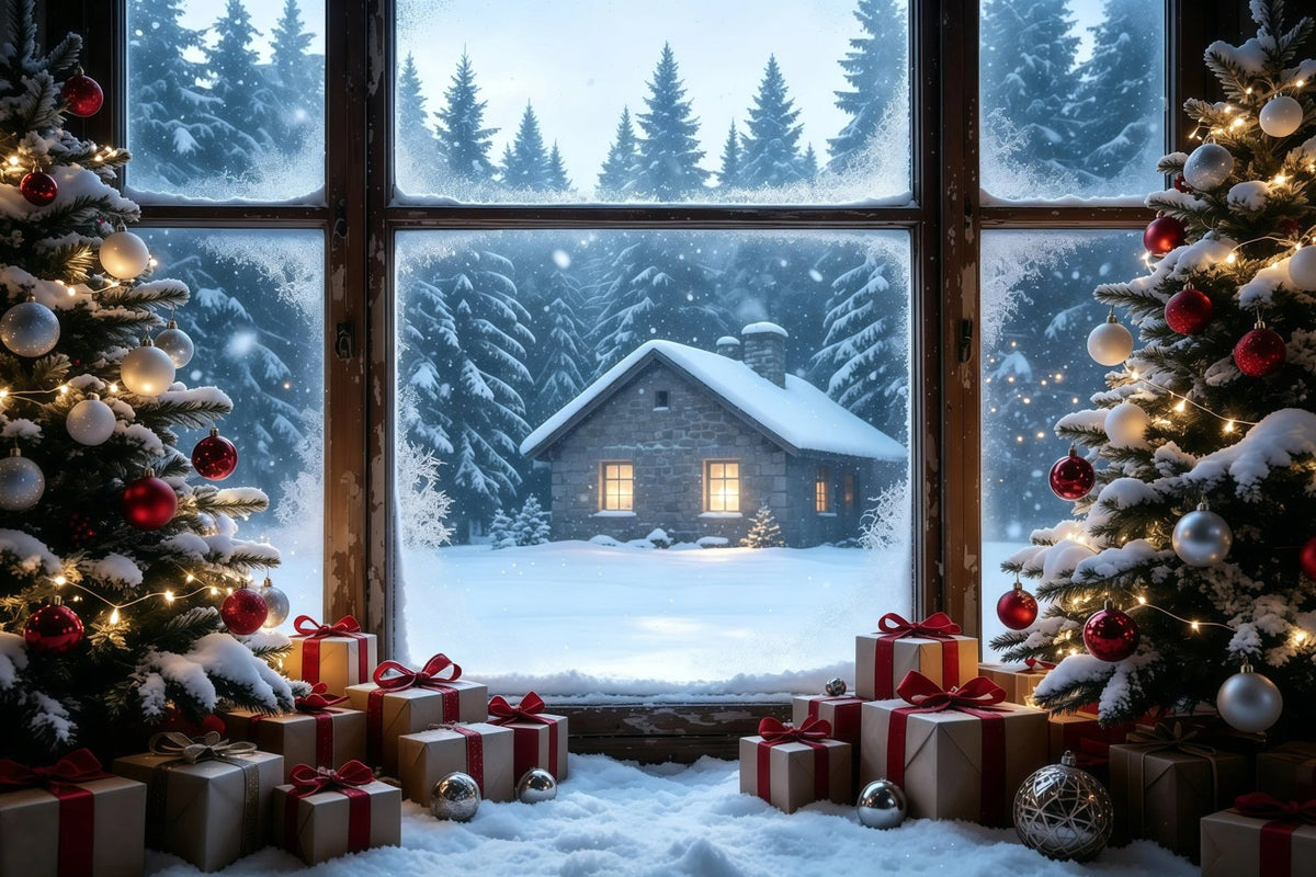 Rustikale Weihnachtskulisse Blick Aus Dem Fenster Der Verschneiten Hütte Studio-Weihnachtskulissen GQ68-104