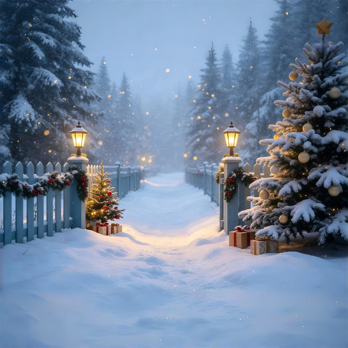 Verschneite Weihnachtskulisse Schneeweg Im Laternengarten Weihnachtsfotohintergrund GQ68-105