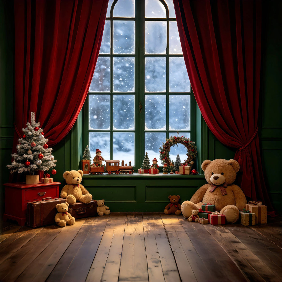 Weihnachtsfenster-Hintergrund Teddybär-Ecke Im Innenbereich Weihnachts-Musselin-Hintergrund GQ68-106