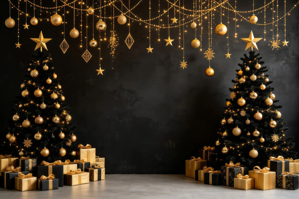 Moderne Weihnachtskulisse Gold-Schwarze Hängeornamente Musselin-Hintergrund Weihnachten GQ68-112