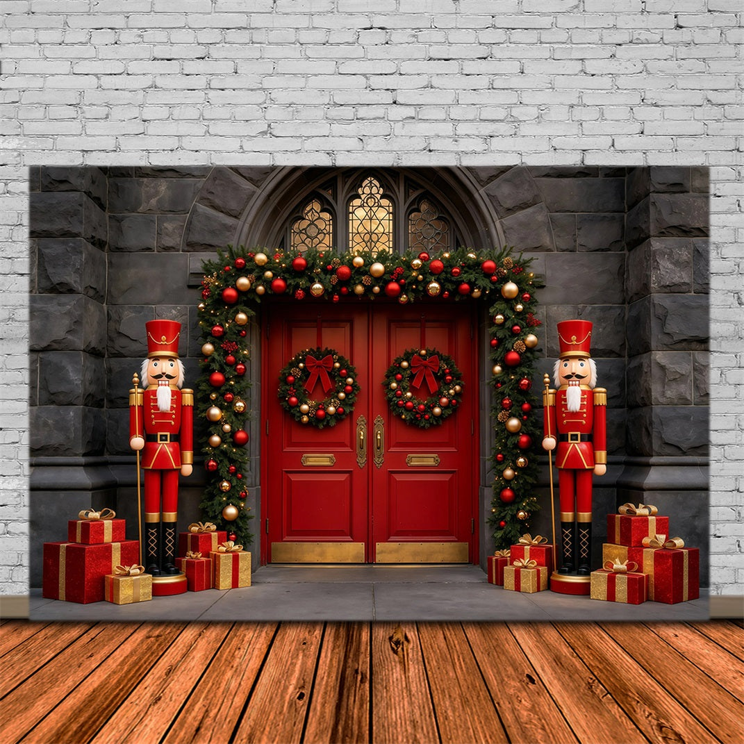 Weihnachts-Nussknacker-Hintergrund Eingang Mit Roter Steintür Weihnachts-Fotohintergründe GQ68-113