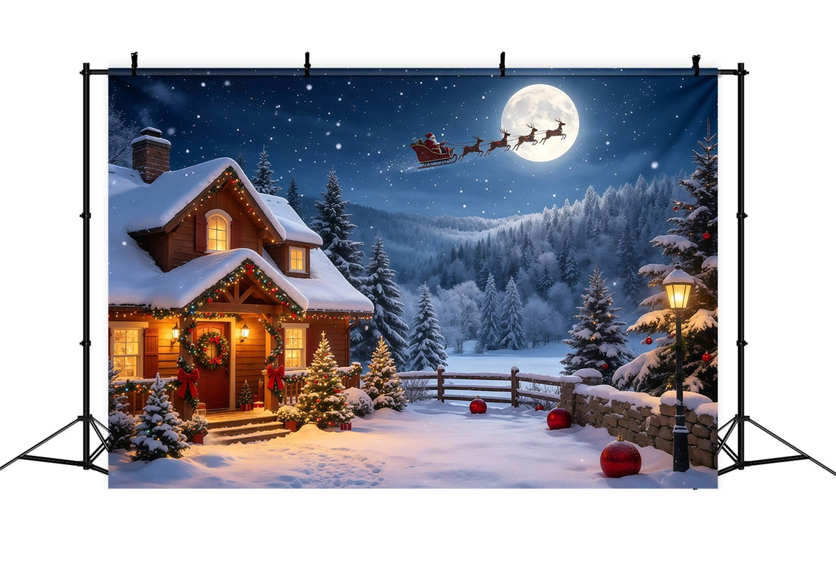 Weihnachtsmann-Hintergrund Mondbeschienene Hütte Auf Einem Schneebedeckten Berg Weihnachtskulisse GQ68-115