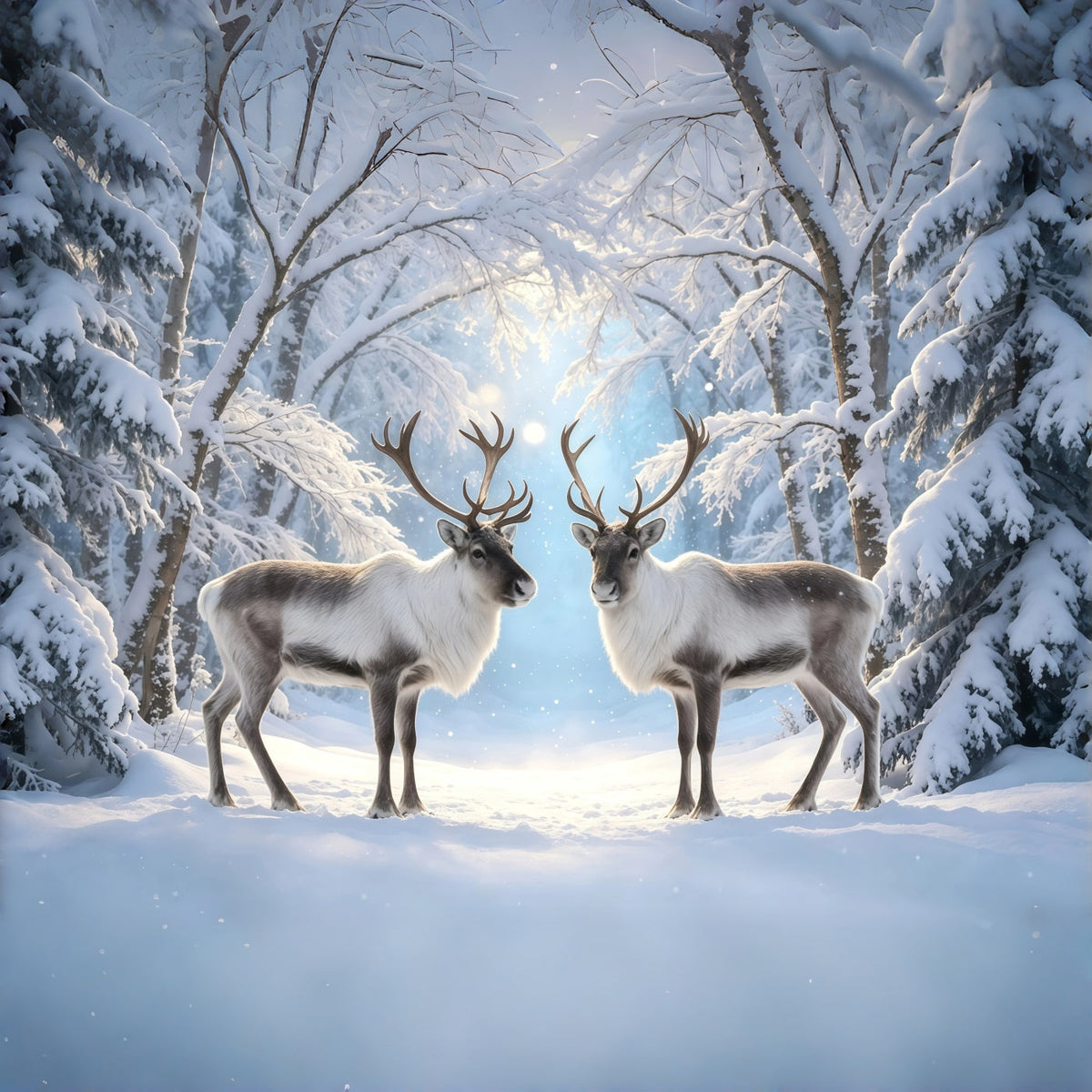 Verschneite Weihnachtskulisse Rentier-Winterwaldpfad Weihnachtsfotohintergrund GQ68-117