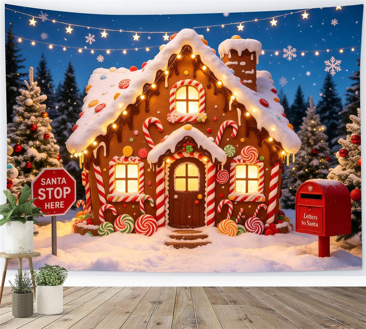 Lebkuchen-Weihnachtskulisse Candy Cottage Schneewald Weihnachts-Fotohintergründe GQ68-118