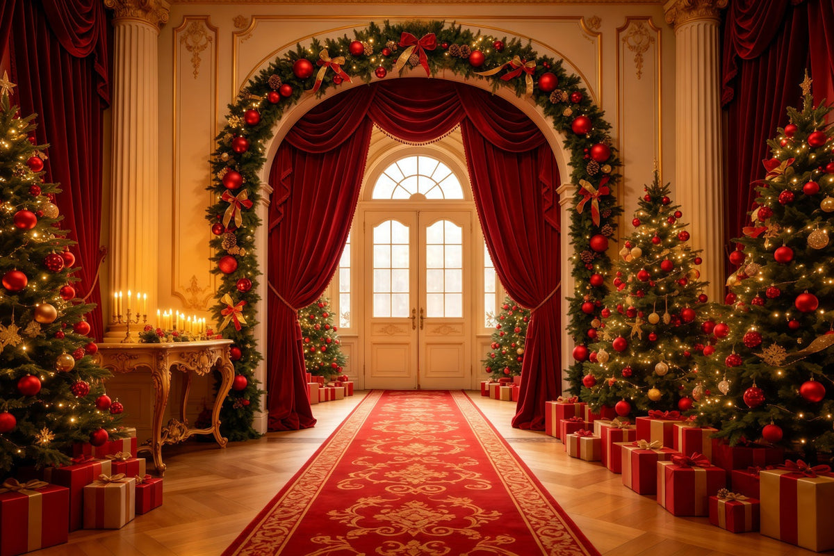 Weihnachts-Wohnzimmer-Hintergrund Großer Roter Vorhangbogen Weihnachts-Fotografie-Hintergrund GQ68-120
