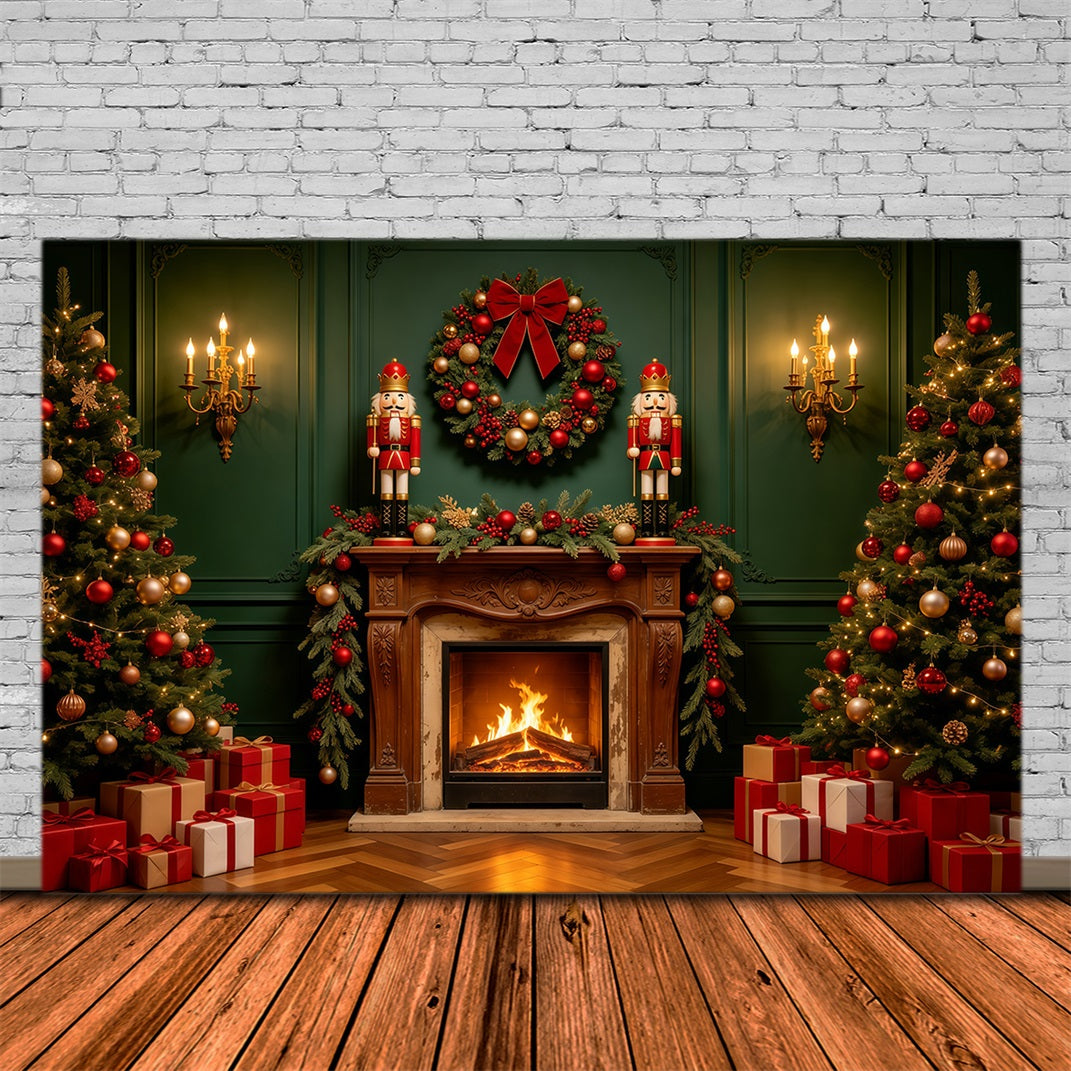 Weihnachtskamin-Hintergründe Grüner Retro-Wandnussknacker Weihnachts-Fotografie-Hintergründe GQ68-122