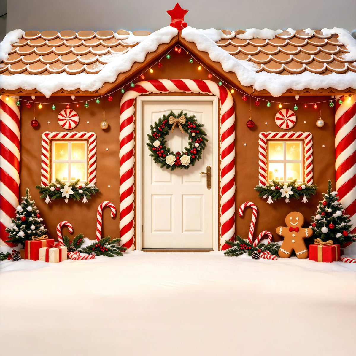 Weihnachts-Lebkuchen-Hintergrund Tür Zum Schneebedeckten Süßigkeitenhaus Weihnachtsfotohintergrund GQ68-123