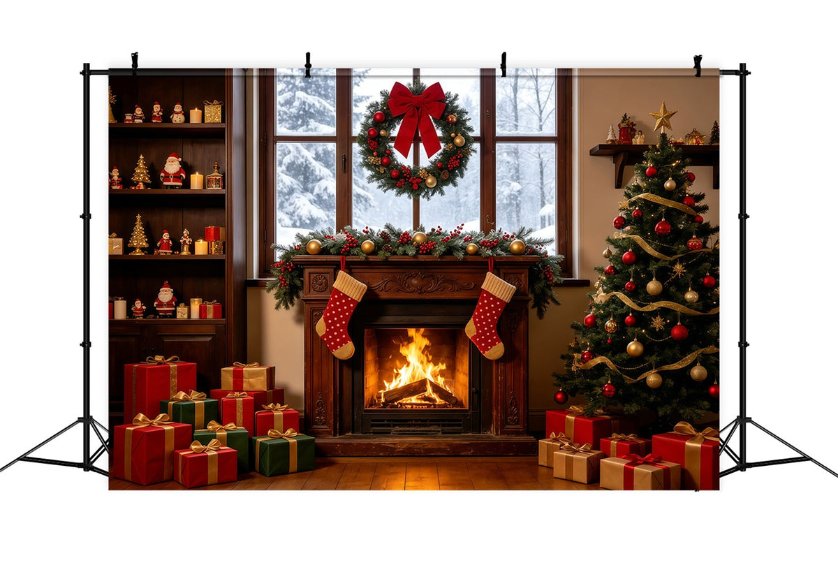 Weihnachtsfenster-Hintergrund Gemütlicher Kamin-Strumpfbaum Große Weihnachtskulissen GQ68-124