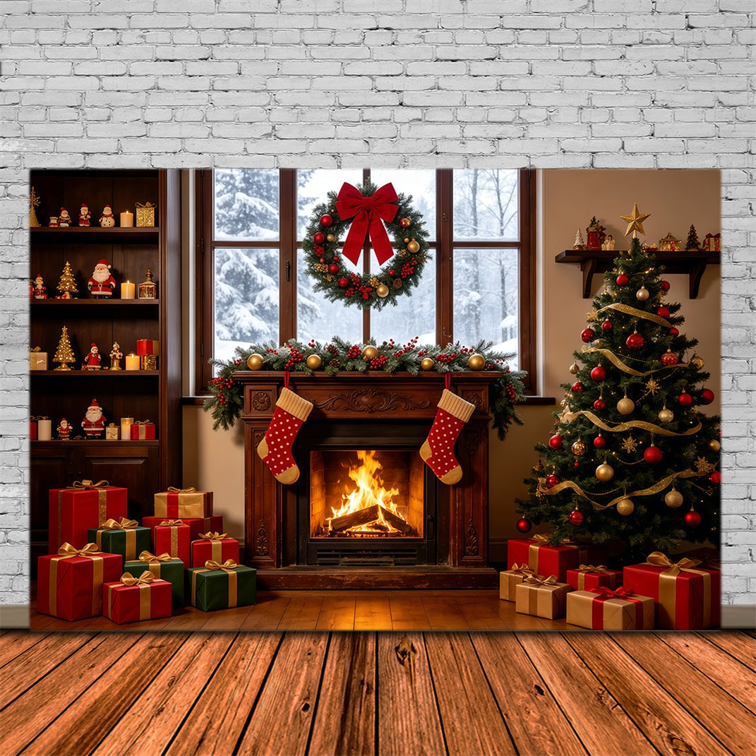 Weihnachtsfenster-Hintergrund Gemütlicher Kamin-Strumpfbaum Große Weihnachtskulissen GQ68-124