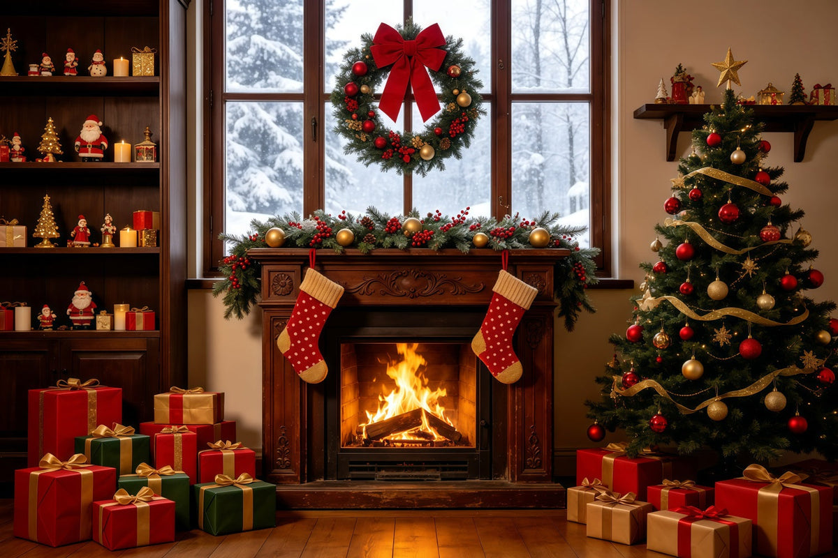 Weihnachtsfenster-Hintergrund Gemütlicher Kamin-Strumpfbaum Große Weihnachtskulissen GQ68-124