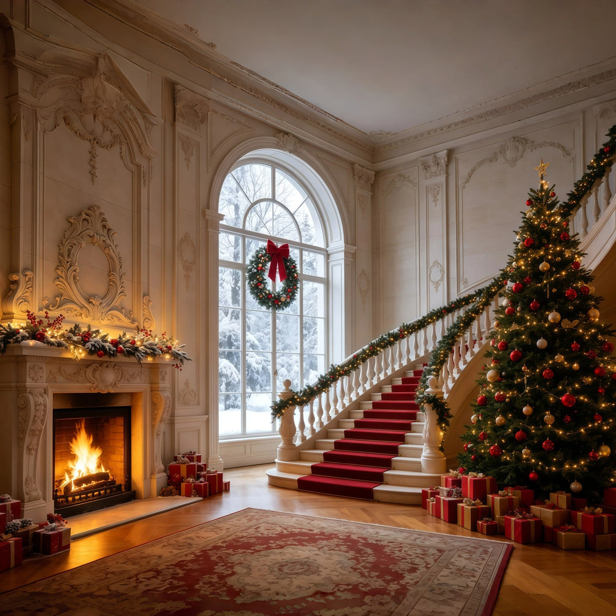 Weihnachtskulisse Elegante Treppenhalle Weihnachts-Fotohintergründe GQ68-126