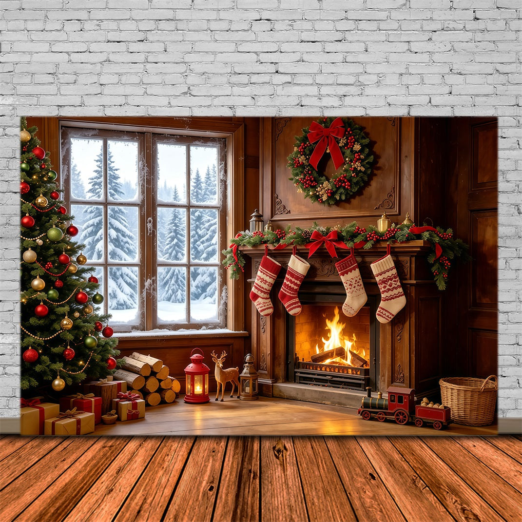Weihnachtsmotiv-Hintergründe Gemütlicher Kamin, Strümpfe, Fenster Weihnachtshintergründe GQ68-128