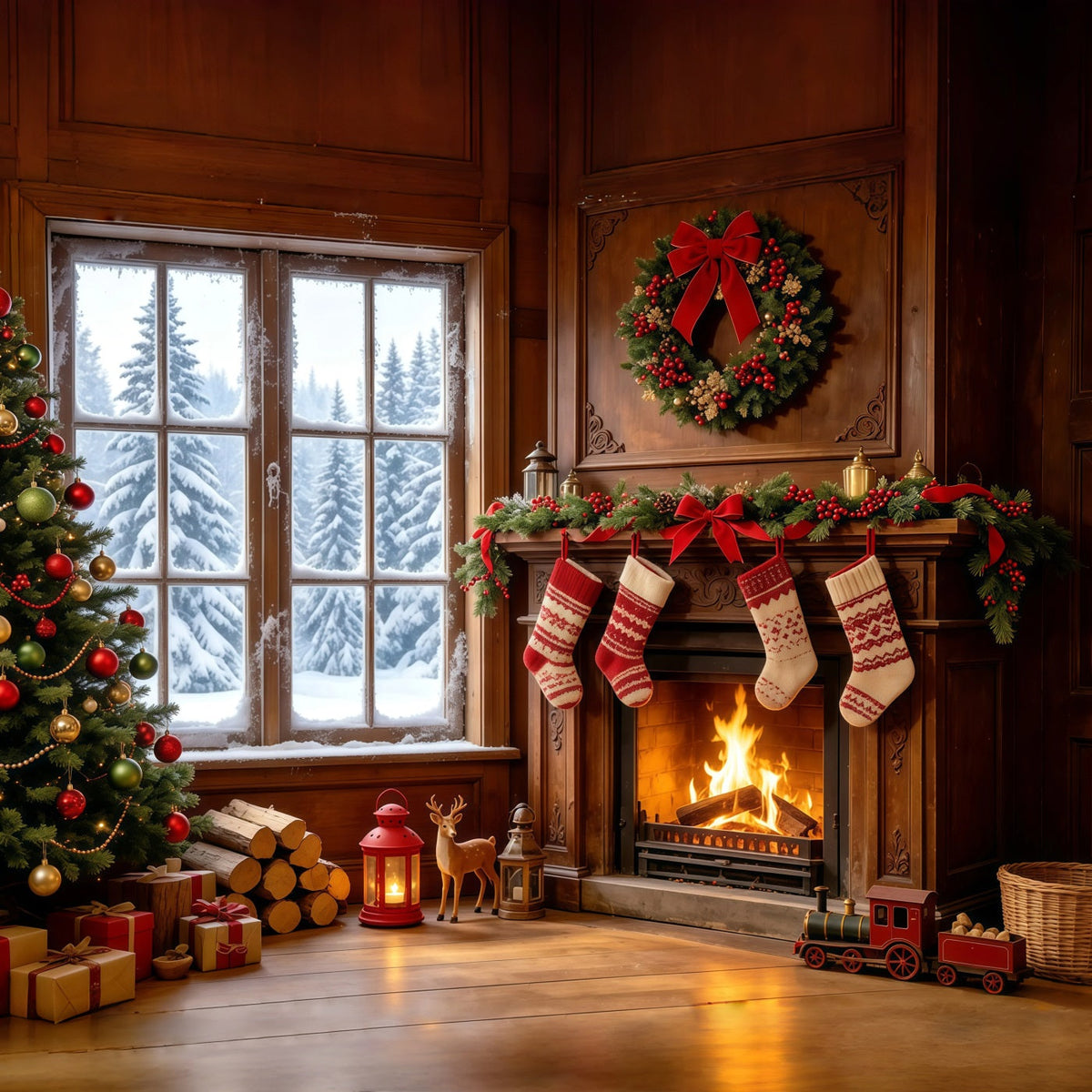 Weihnachtsmotiv-Hintergründe Gemütlicher Kamin, Strümpfe, Fenster Weihnachtshintergründe GQ68-128