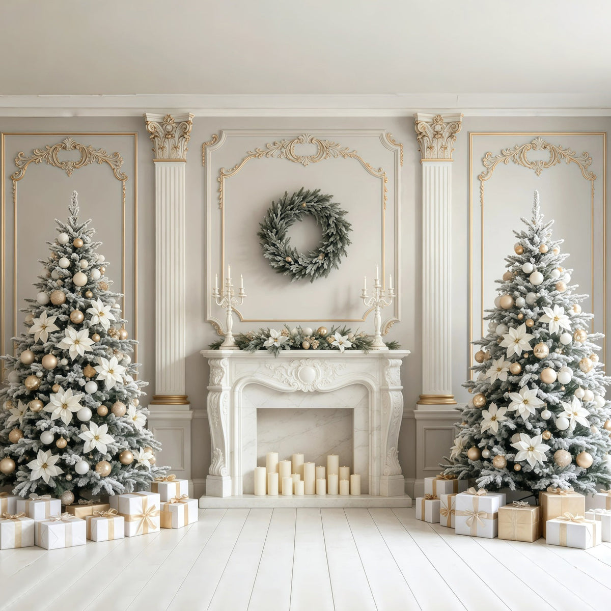 Weihnachtskamin-Hintergrund Eleganter Kaminsims Mit Weißen Blumen Weihnachtshintergrund Für Fotografie GQ68-129