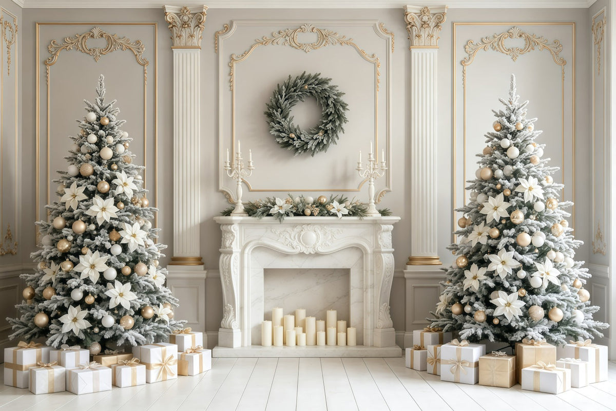 Weihnachtskamin-Hintergrund Eleganter Kaminsims Mit Weißen Blumen Weihnachtshintergrund Für Fotografie GQ68-129