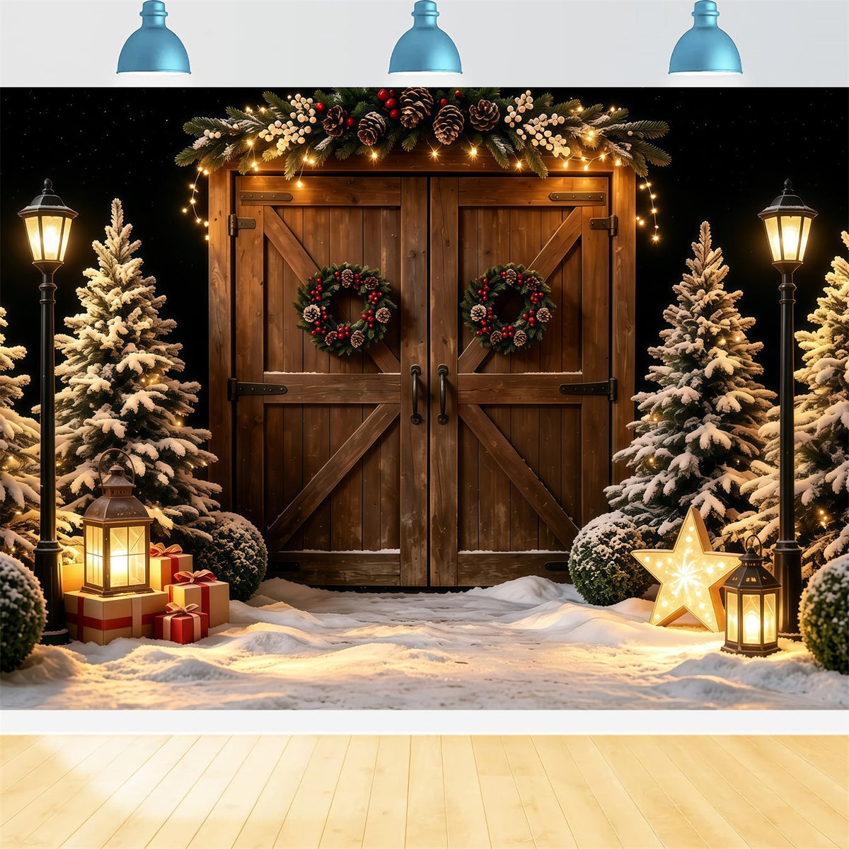 Weihnachtsscheunen-Kulisse Leuchten Einer Laterne An Einer Verschneiten Holztür Weihnachts-Fotohintergründe GQ68-57