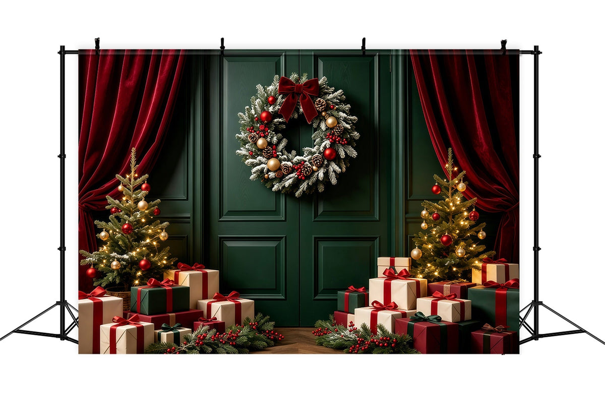 Grüne Weihnachtskulisse Türkranz-Geschenkdisplay Weihnachtsfotohintergrund GQ68-60