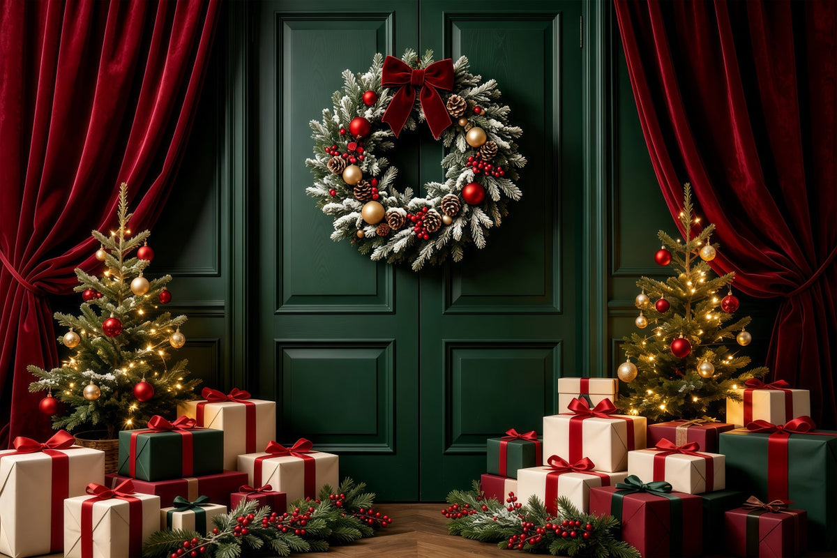 Grüne Weihnachtskulisse Türkranz-Geschenkdisplay Weihnachtsfotohintergrund GQ68-60