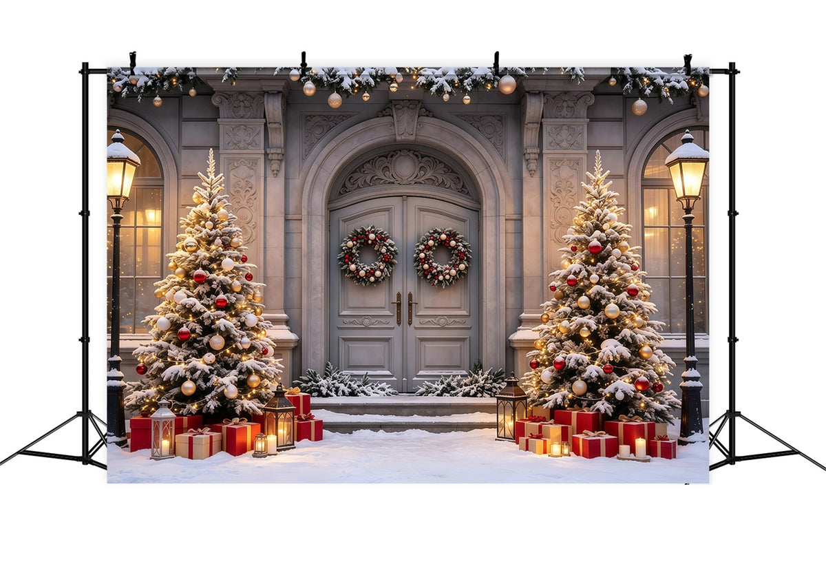 Weihnachtshaus-Kulisse Bäume Im Eingangsbereich Eines Herrenhauses Aus Verschneiten Weihnachtskulisse Für Den Innenbereich GQ68-61