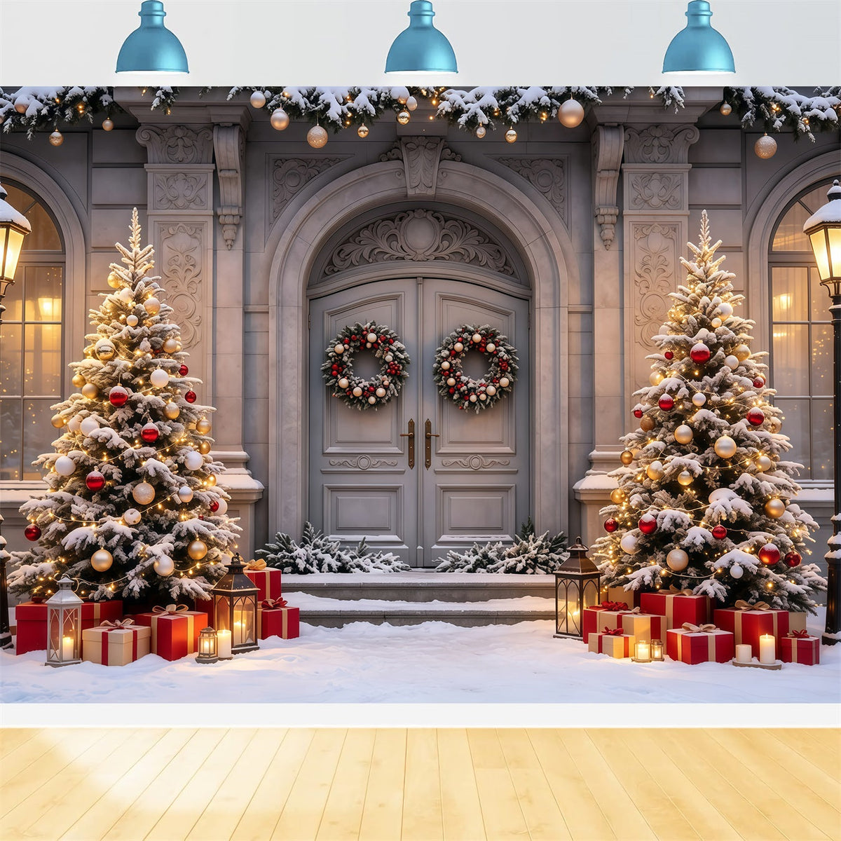 Weihnachtshaus-Kulisse Bäume Im Eingangsbereich Eines Herrenhauses Aus Verschneiten Weihnachtskulisse Für Den Innenbereich GQ68-61