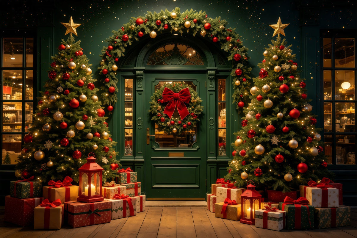 Weihnachtsladen-Hintergrund Dunkelgrüne Torbogenleuchten Studiohintergründe Weihnachten GQ68-62