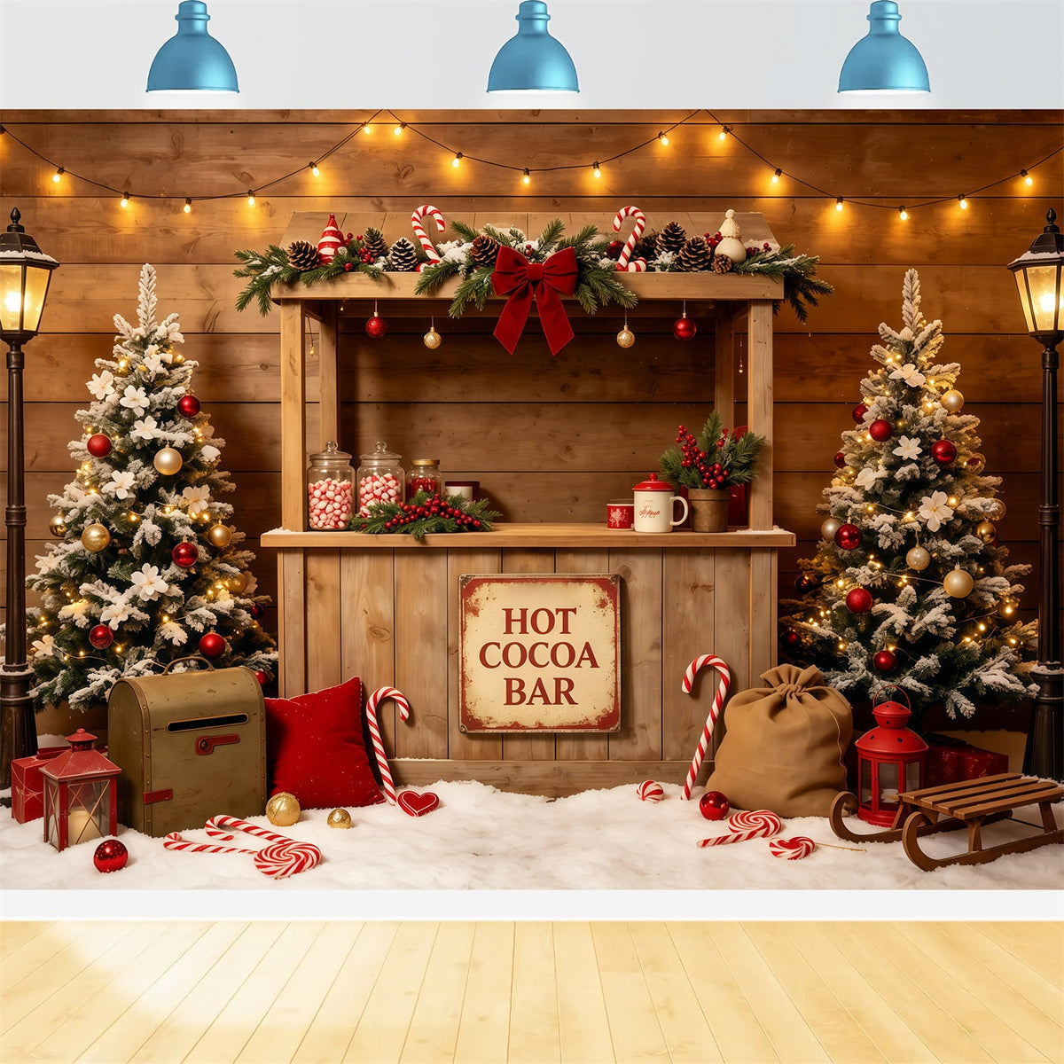 Weihnachtsfeier-Hintergrund Rustikale Kakaobar-Hütte Weihnachts-Studiohintergründe GQ68-65