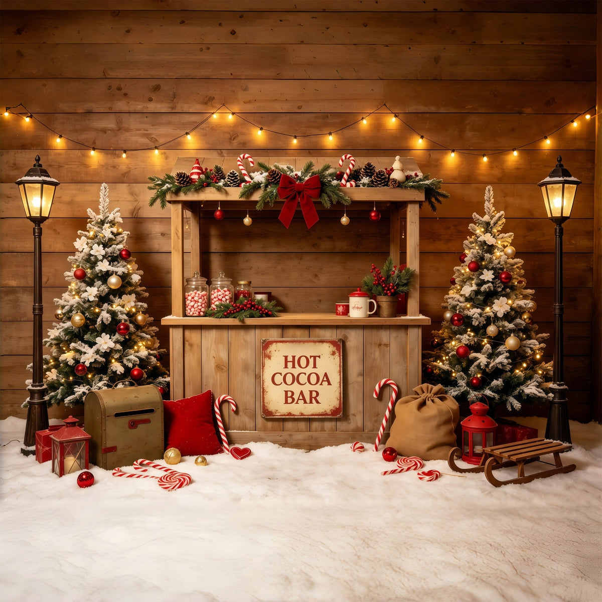 Weihnachtsfeier-Hintergrund Rustikale Kakaobar-Hütte Weihnachts-Studiohintergründe GQ68-65