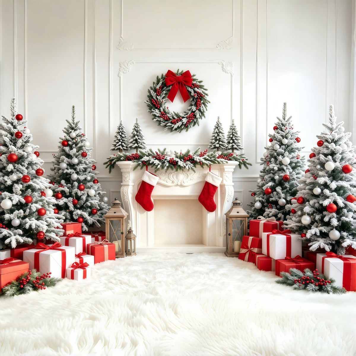 Weihnachtsbaum-Hintergrund Weißer Roter Strumpf Kamin Studio-Weihnachtskulissen GQ68-67