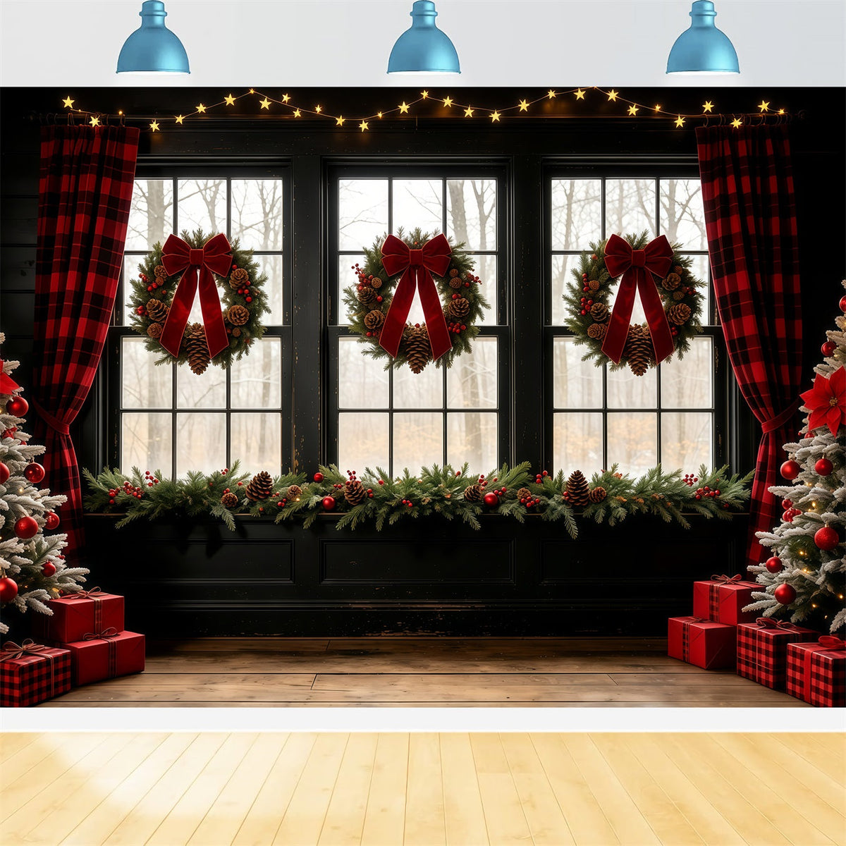 Weihnachtsfenster-Hintergrund Schleifenkranz Rustikaler Vorhang Weihnachtswand-Hintergrund GQ68-68