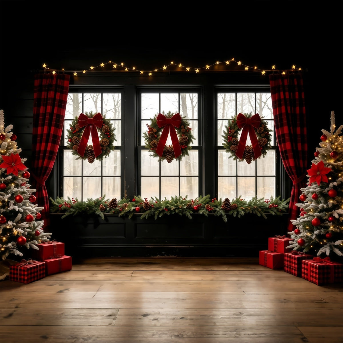 Weihnachtsfenster-Hintergrund Schleifenkranz Rustikaler Vorhang Weihnachtswand-Hintergrund GQ68-68