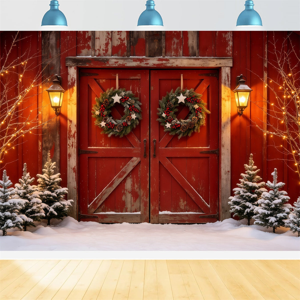 Weihnachtskulisse Mit Scheunentor Rustikale Rote Türlaterne Weihnachts-Musselin-Hintergrund GQ68-69