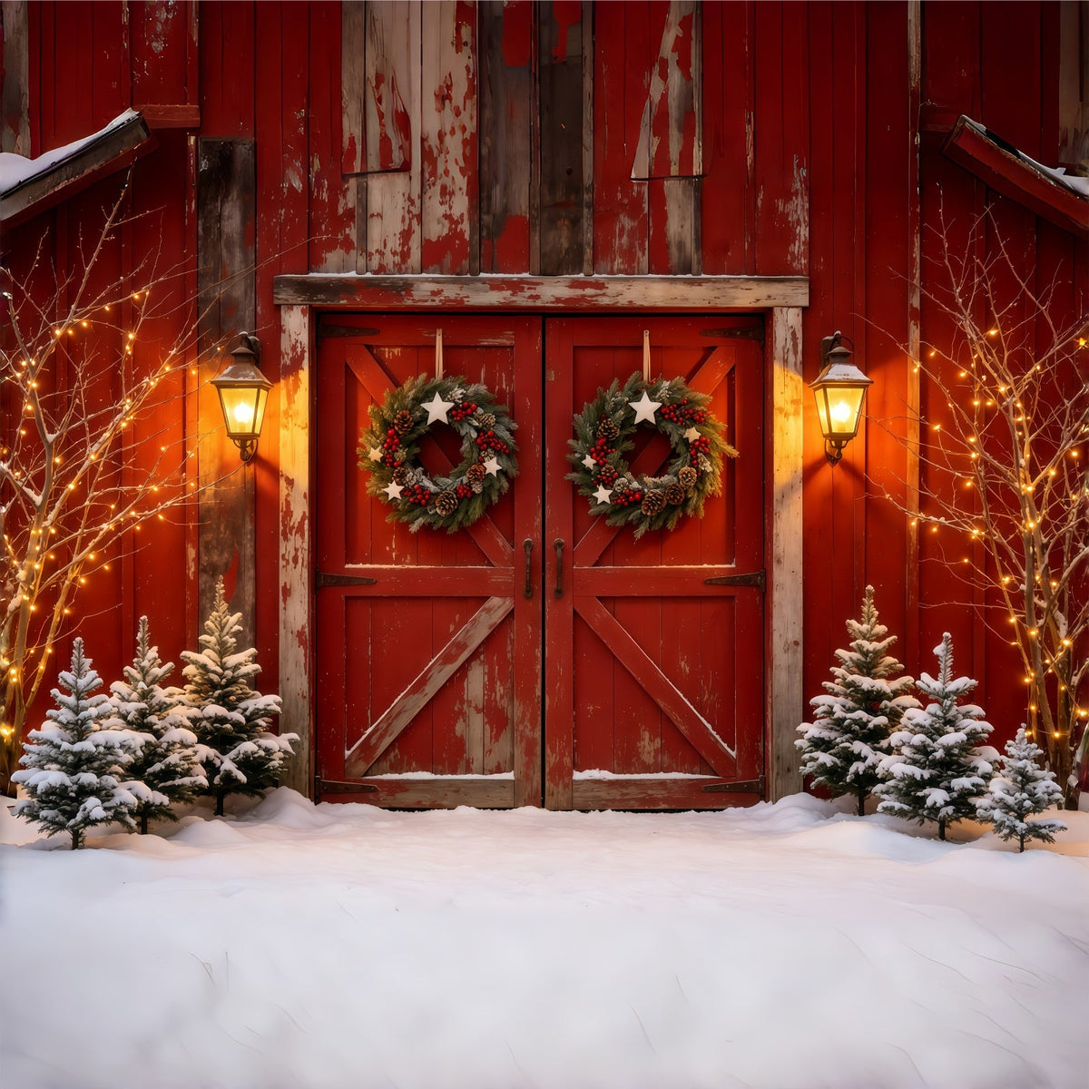 Weihnachtskulisse Mit Scheunentor Rustikale Rote Türlaterne Weihnachts-Musselin-Hintergrund GQ68-69