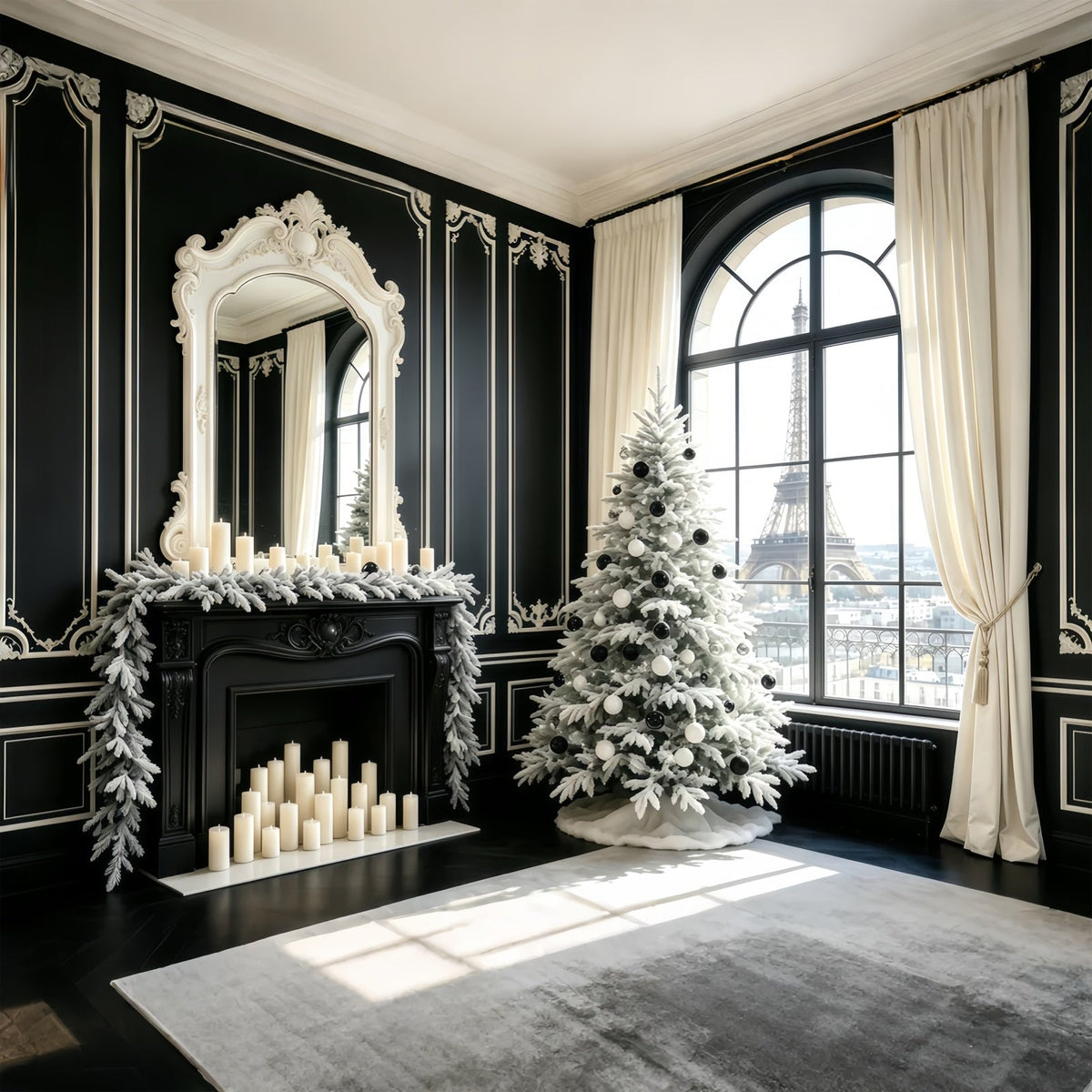 Schwarzer Weihnachtshintergrund Pariser Fensterblick Baum Weihnachtliche Indoor-Hintergrundkulisse GQ68-70