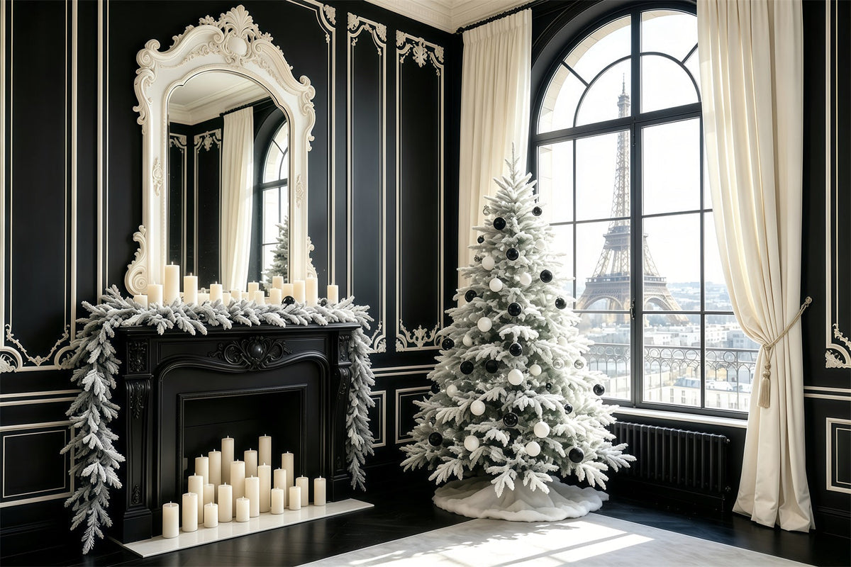 Schwarzer Weihnachtshintergrund Pariser Fensterblick Baum Weihnachtliche Indoor-Hintergrundkulisse GQ68-70