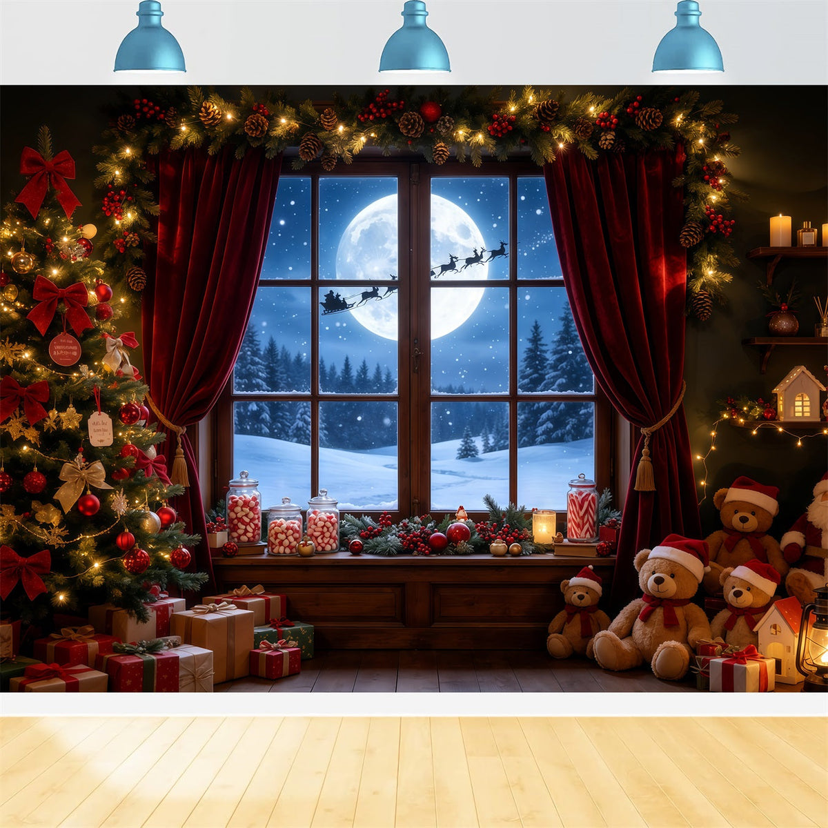 Weihnachtsnacht-Hintergrund Mondbeschienenes Fenster Teddyzimmer Professionelle Weihnachtskulisse GQ68-72