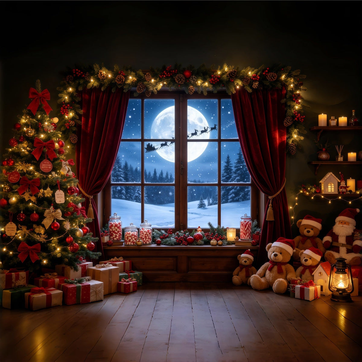 Weihnachtsnacht-Hintergrund Mondbeschienenes Fenster Teddyzimmer Professionelle Weihnachtskulisse GQ68-72
