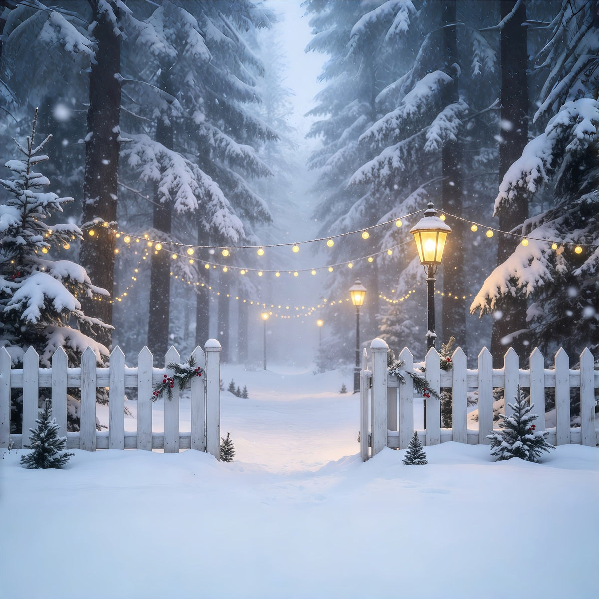 Winterliche Weihnachtskulisse Lichtpfad Im Verschneiten Wald Weihnachtshintergrund Aus Musselin GQ68-74