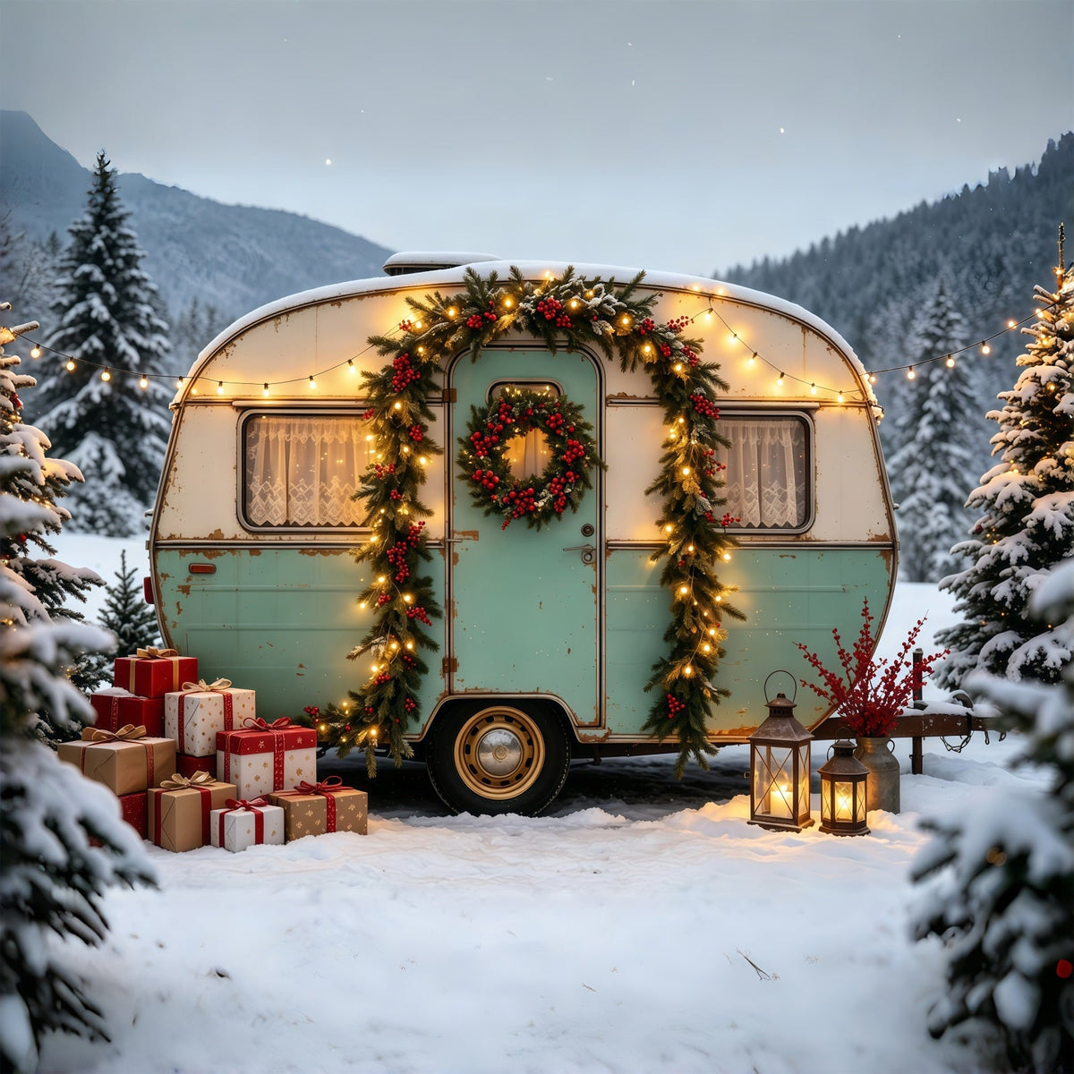 Weihnachtscamper-Hintergrund Oldtimer-Lkw-Wald Weihnachts-Fotohintergründe GQ68-76