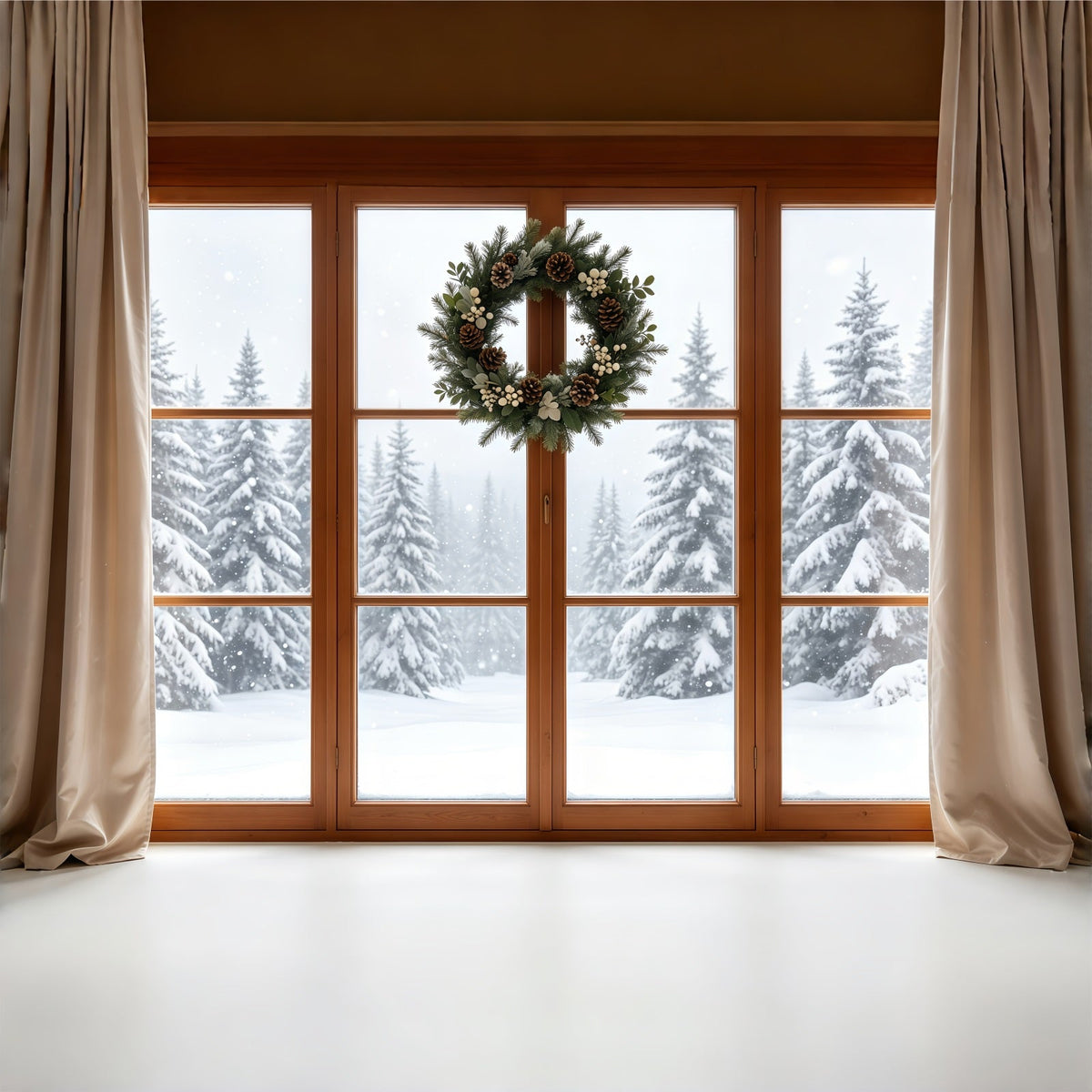 Weihnachtsfenster-Hintergrund Rustikaler Kranz, Verschneiter Wald Weihnachtsfotohintergrund GQ68-80