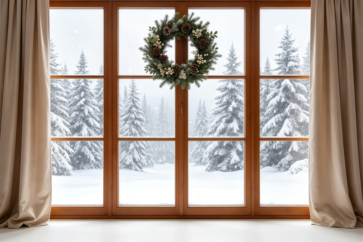 Weihnachtsfenster-Hintergrund Rustikaler Kranz, Verschneiter Wald Weihnachtsfotohintergrund GQ68-80