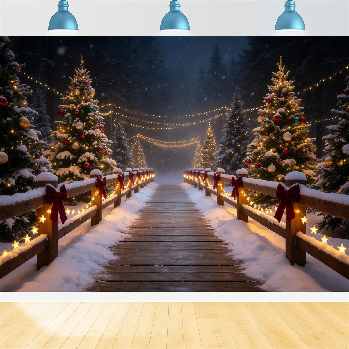 Verschneite Weihnachtskulisse Leuchtender Waldbrückenweg Weihnachts-Fotografie-Hintergrund GQ68-83