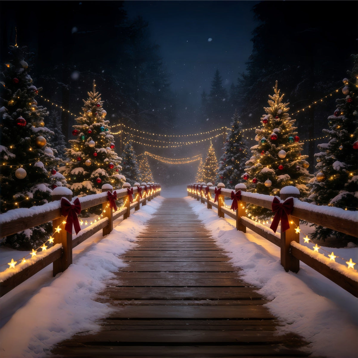 Verschneite Weihnachtskulisse Leuchtender Waldbrückenweg Weihnachts-Fotografie-Hintergrund GQ68-83