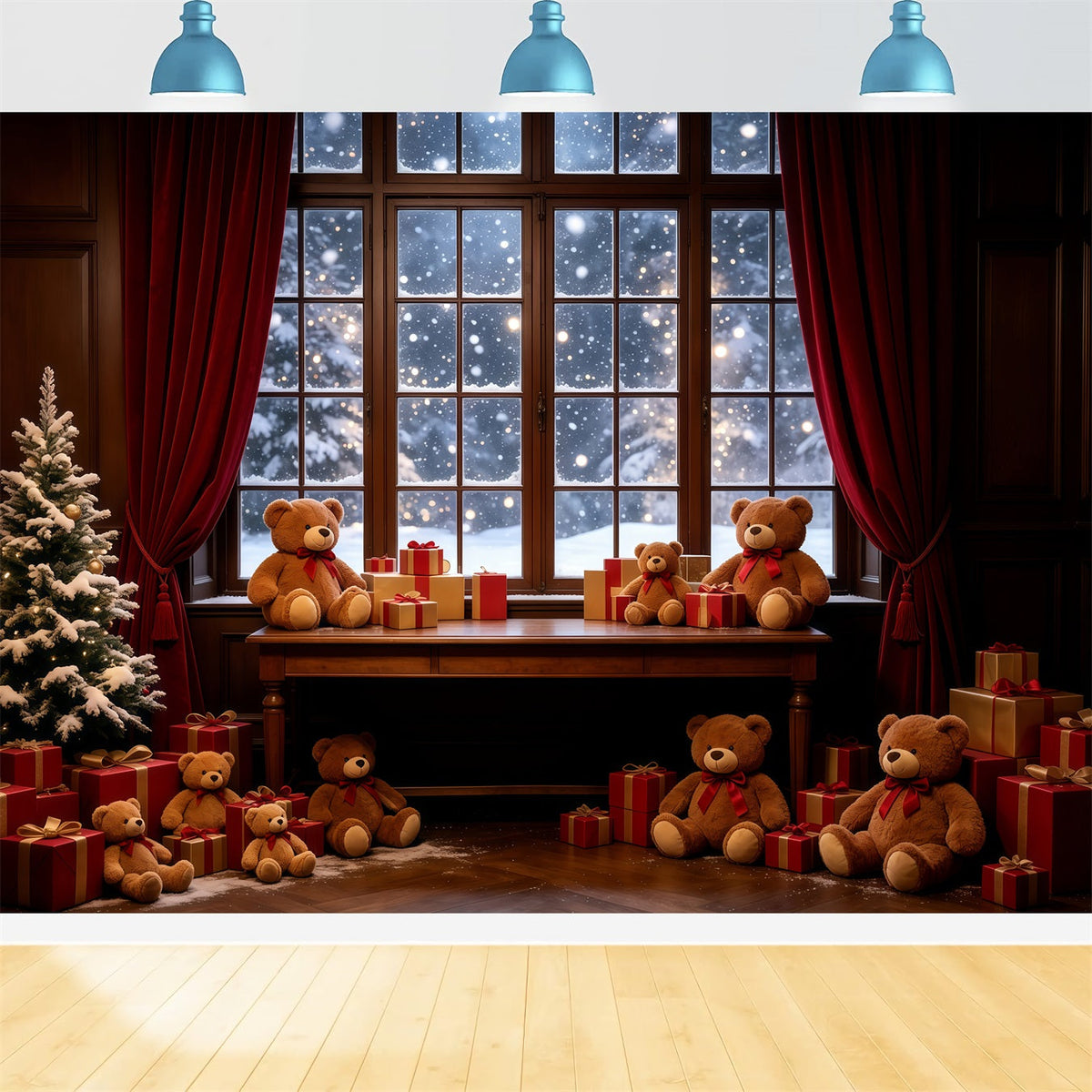 Gemütliche Weihnachtskulisse Teddybär-Schaufensterdekoration Weihnachts-Fotografie-Hintergründe GQ68-85