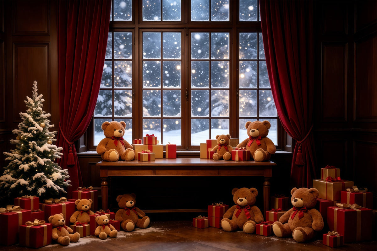 Gemütliche Weihnachtskulisse Teddybär-Schaufensterdekoration Weihnachts-Fotografie-Hintergründe GQ68-85