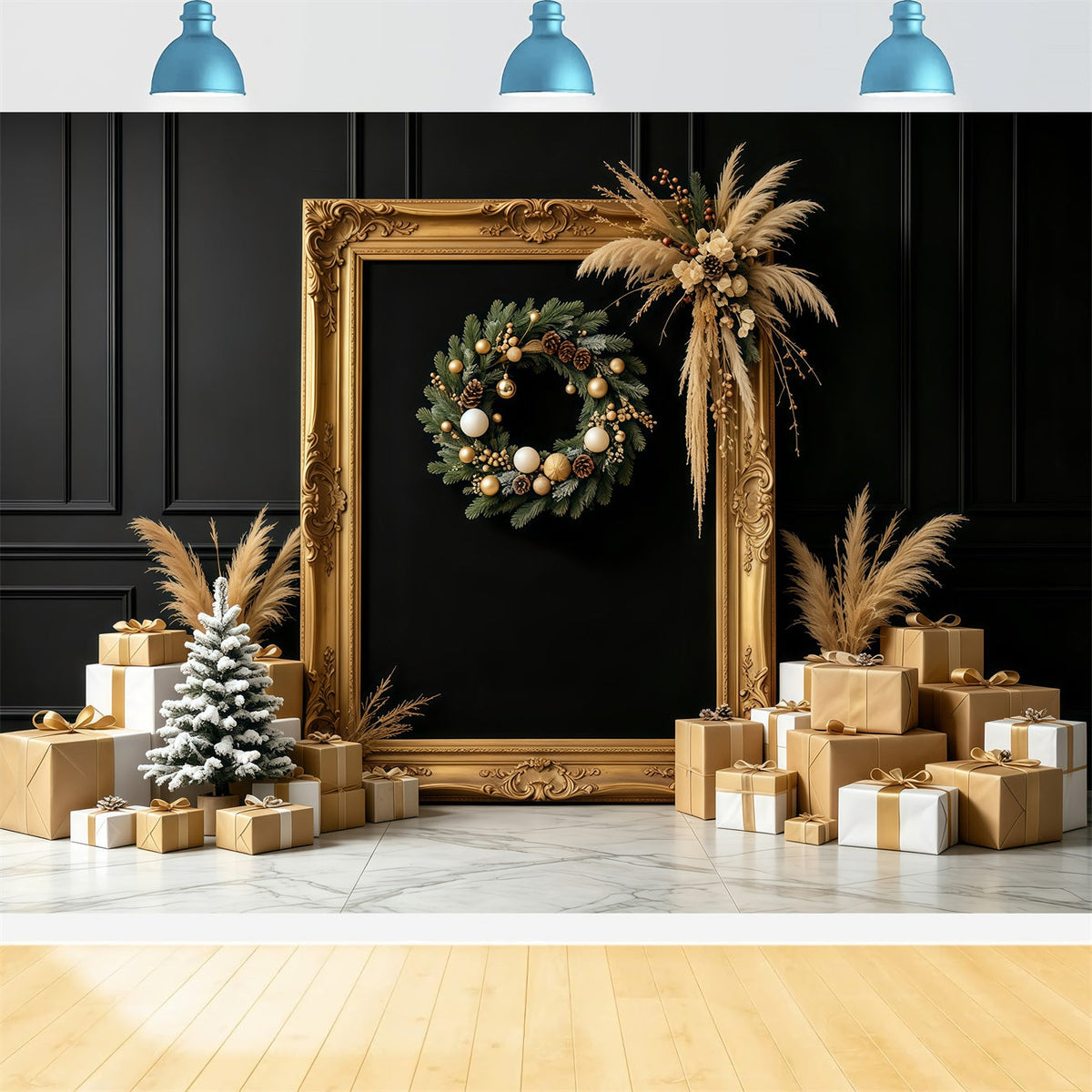 Weihnachtshintergrund In Schwarz Und Gold Geschenkdisplay Mit Goldenem Rahmen Große Weihnachtskulissen GQ68-87